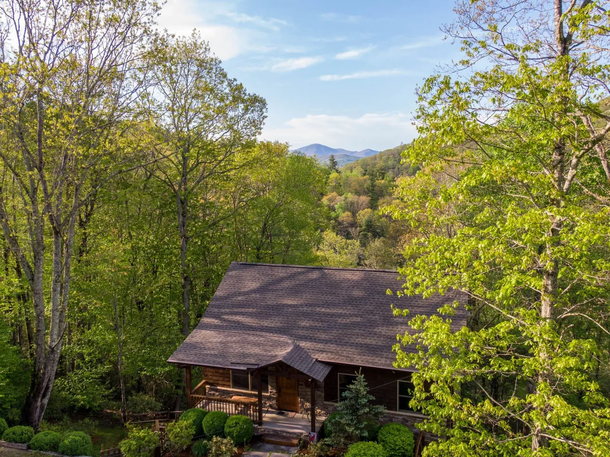 This image highlights the cabin surrounded by dense forest with a dramatic mountain backdrop. The porch faces the wide open mountain views, inviting residents and guests to connect directly with the natural surroundings. The setting is tranquil yet hints at the adventure opportunities just beyond the doorstep.